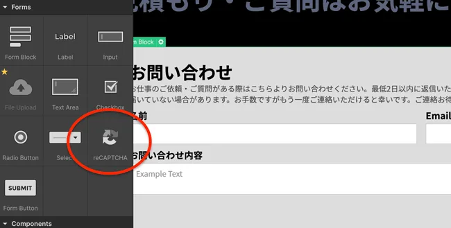 WebflowのフォームにreCAPTCHA要素を配置した例