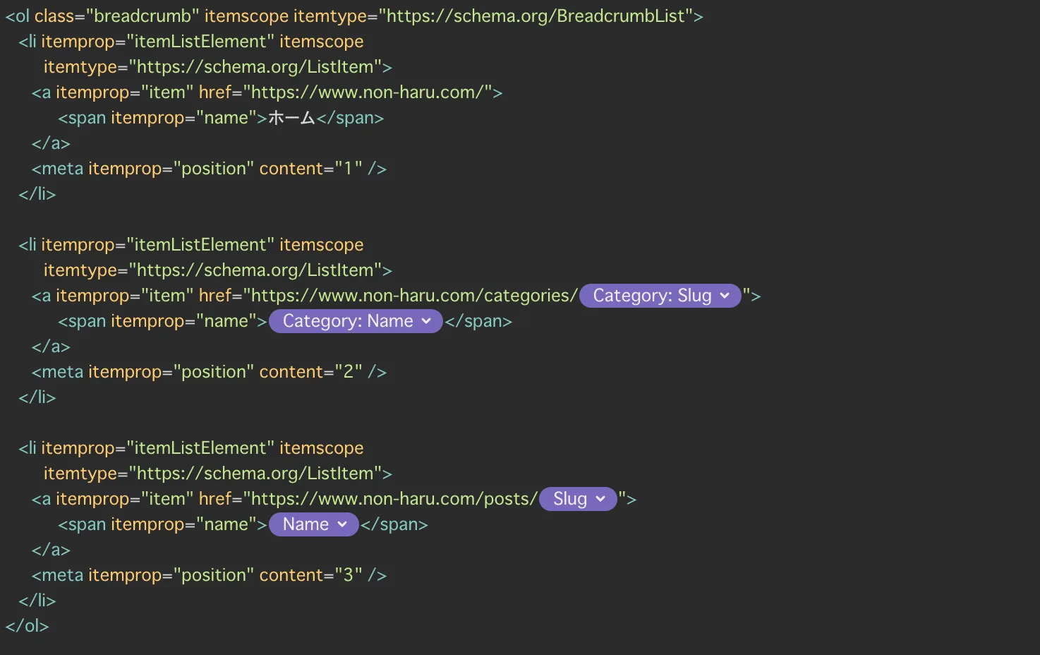 Custom breadcrumb code with itemprop-annotated anchor tags
