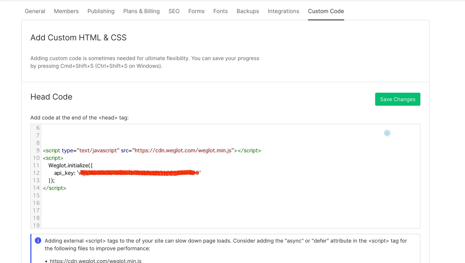 Pasting Weglot's JS into Webflow's custom code field