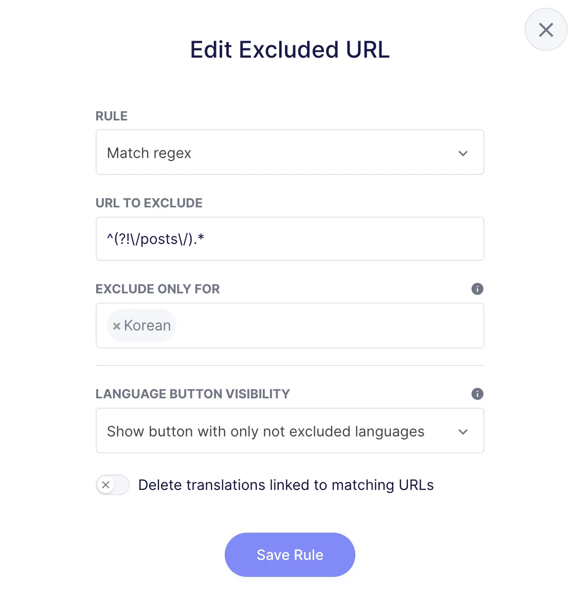 An exclusion rule keeping only one page translated