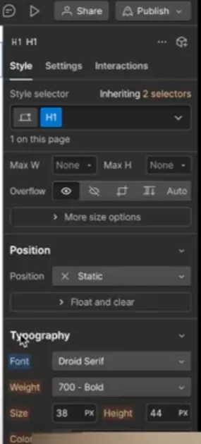 A directly-set value shown in blue in the Webflow CSS panel