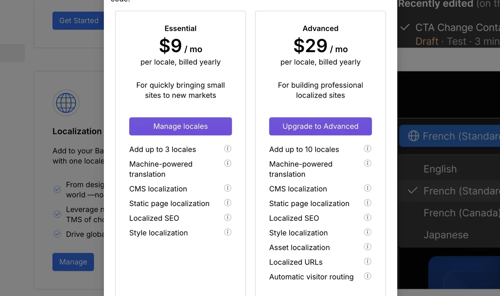 The billing screen for Webflow's Localization feature