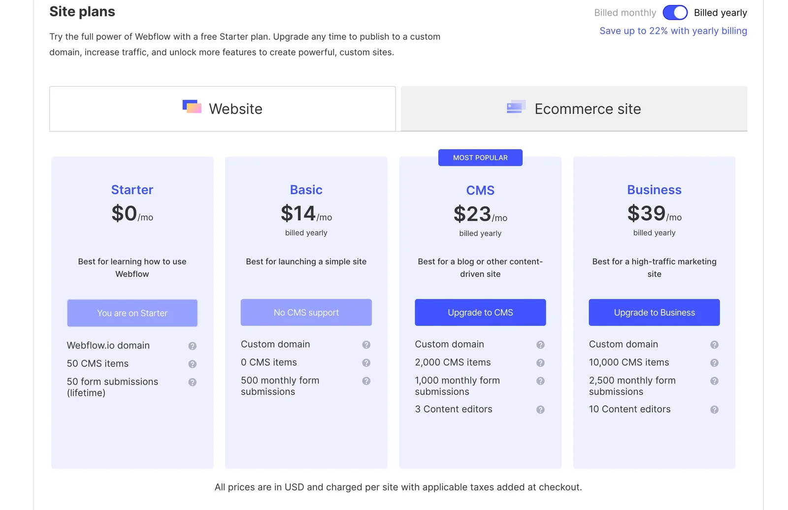 Pricing screen for the Webflow CMS