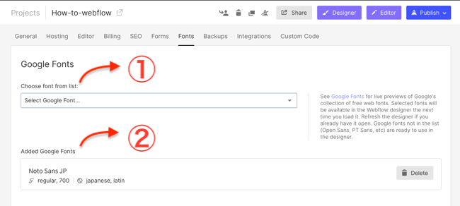 The dropdown for selecting Google Fonts in Webflow