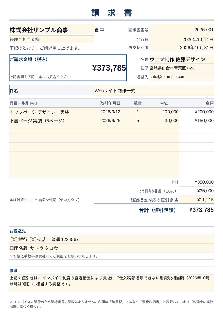 配布している請求書テンプレート(Excel)の記入例。濃紺1色の法人デザインで、宛名・発行者・明細・経過措置の値引き行・振込先までレイアウト済み